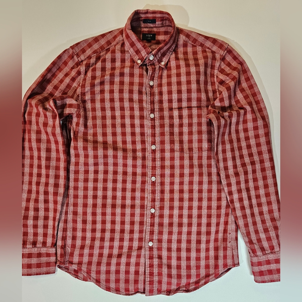 J. Crew Mens Button Down Shirt‎ Small Red White Checker Plaid Slim Fit